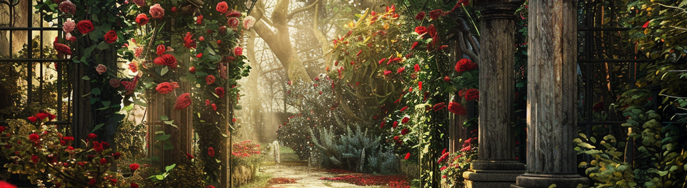 a path with flowers and trees